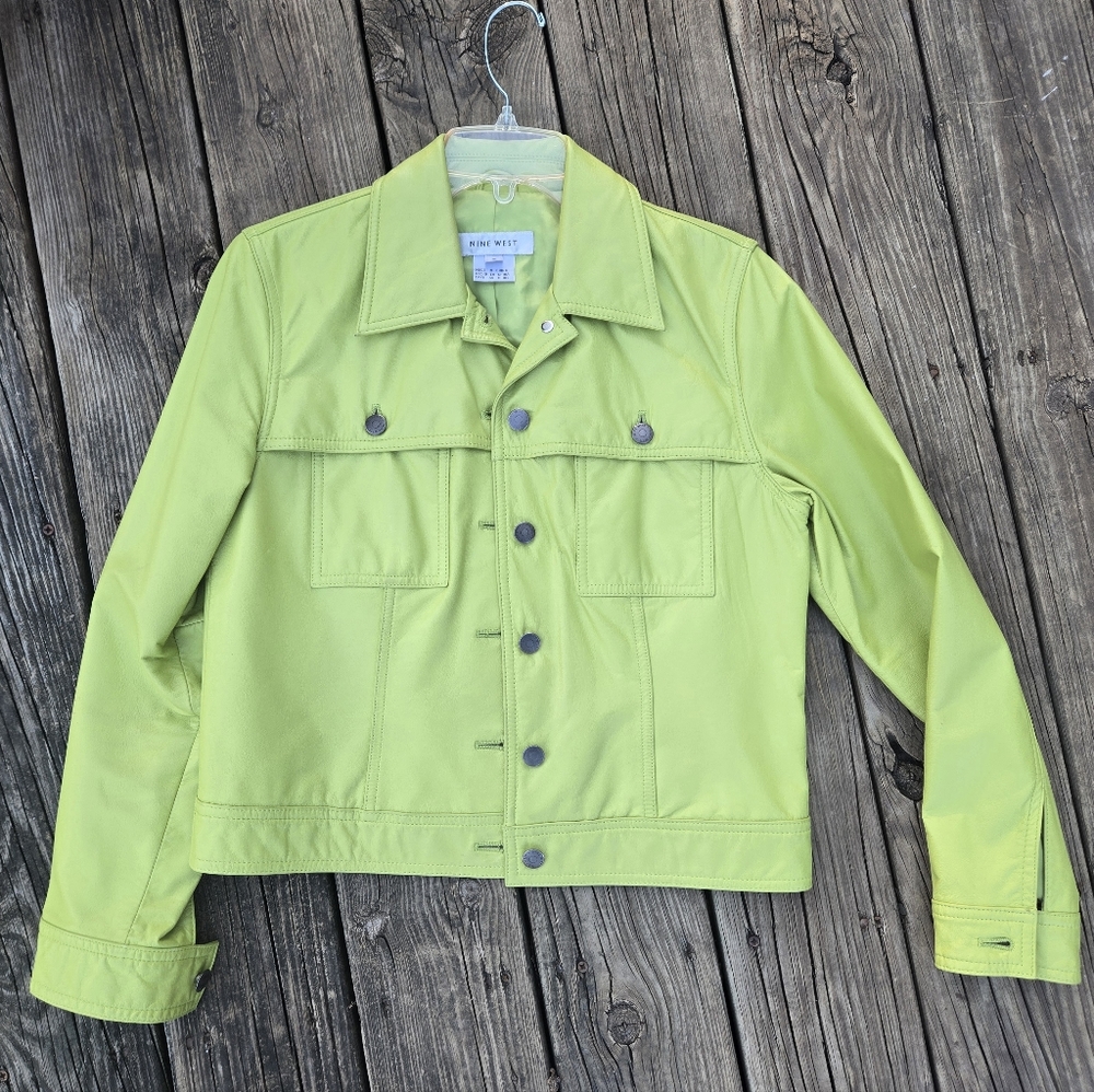 Nine West Vintage Vibrant Lime Green Leather Jacket Womens Sz 4